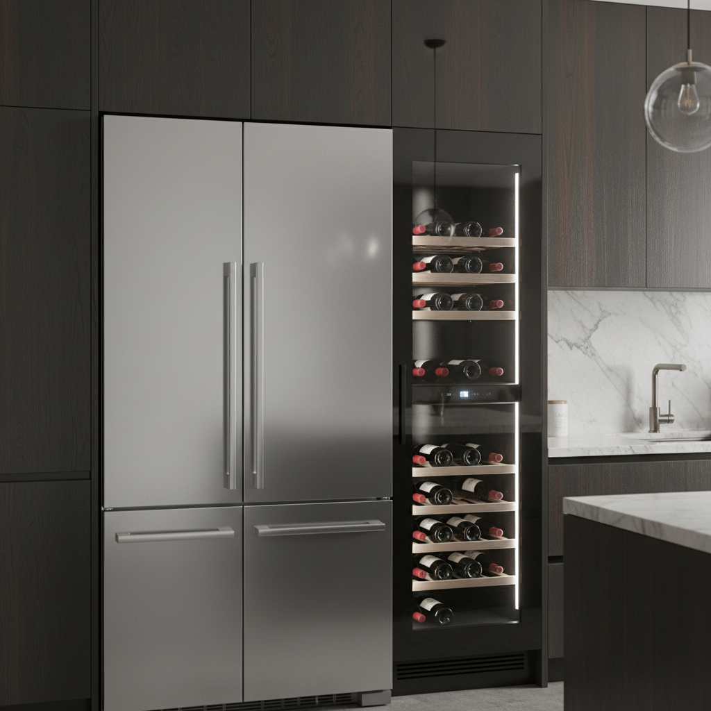 Built-in refrigerator and wine cooler in a premium kitchen