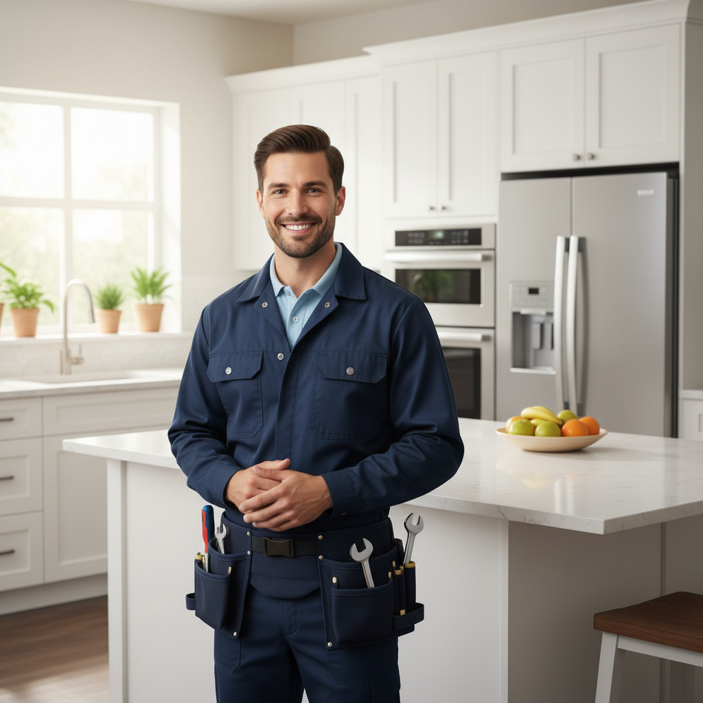 Professional appliance repair technician in a modern kitchen