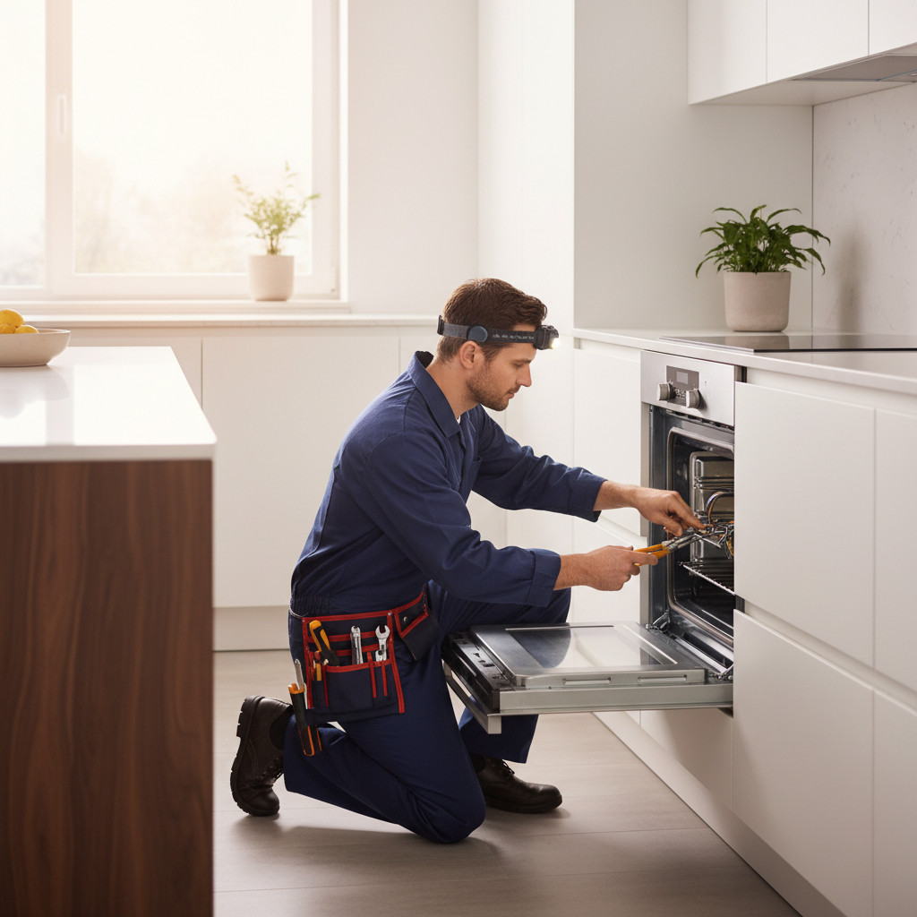 Technician repairing a built-in appliance in a bright kitchen